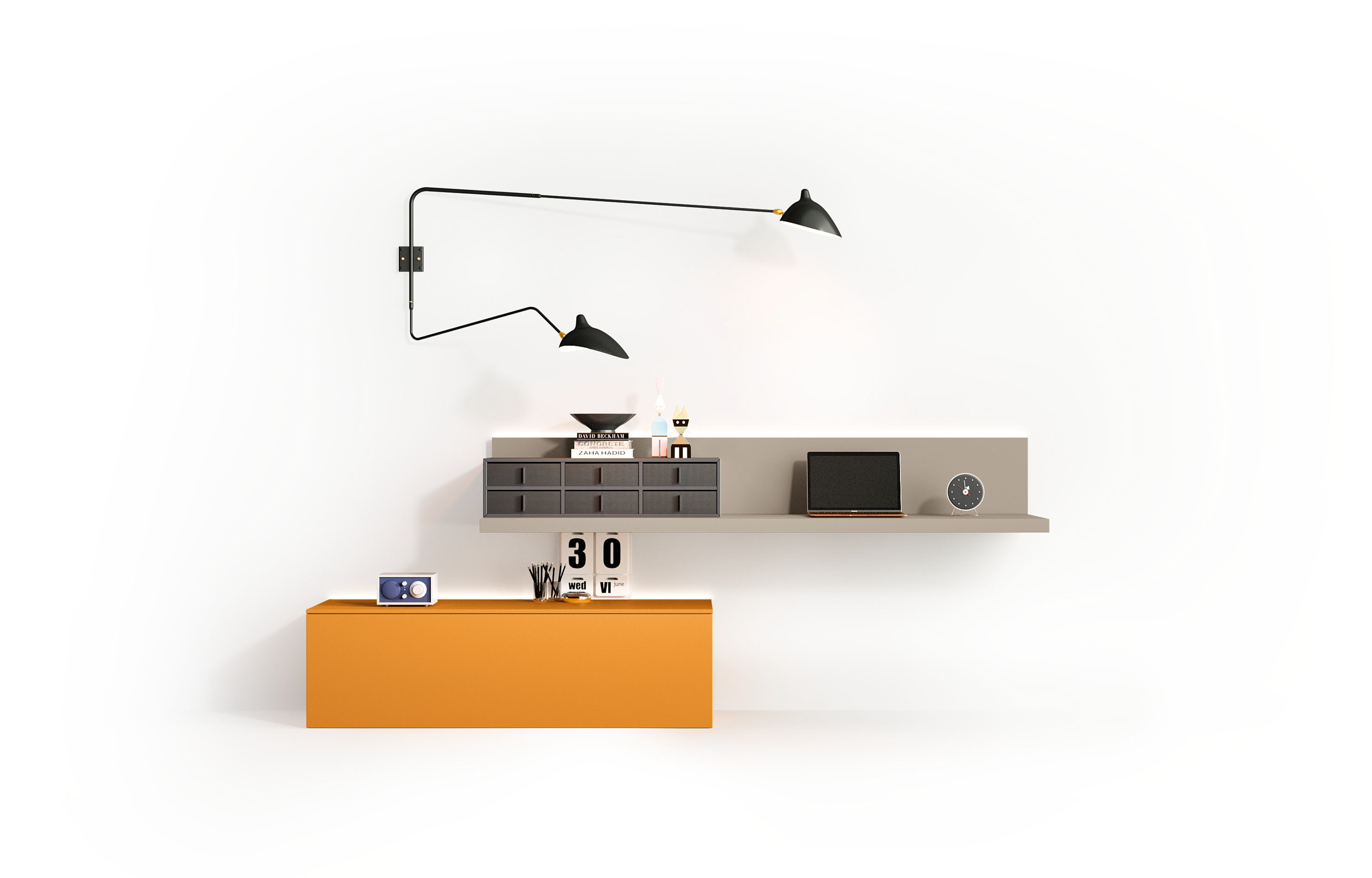 H2O 04/05 - H2O 05, <p>
	<br>
</p>

<p><strong>Mensola ad "L" per scrittoio/Tv Nobilitato Visone Congo</strong></p>

<p>"L" Shelf in Visone Congo colour Melamine</p>

<p>
	<br>
</p>

<p><strong>Basi a terra Laccato Arancio Mandarino</strong></p>

<p>Floor standing base in Arancio Mandarino Lacquered finish</p>

<p>
	<br>
</p>

<p><strong>Cassettiera Roster Laccato Antracite</strong></p>

<p>"Roster" Chest of drawers in Antracite Lacquered finish</p>

<p>
	<br>
</p>

<p>L.304 x H.105 x P.48,4 cm</p>

<p>&nbsp; &nbsp; &nbsp; &nbsp; &nbsp; &nbsp; &nbsp; &nbsp; &nbsp; &nbsp; &nbsp; &nbsp; &nbsp; &nbsp; &nbsp; &nbsp; &nbsp; &nbsp;</p>

<p>
	<br>
</p>

<p>&nbsp; &nbsp;&nbsp;</p>
