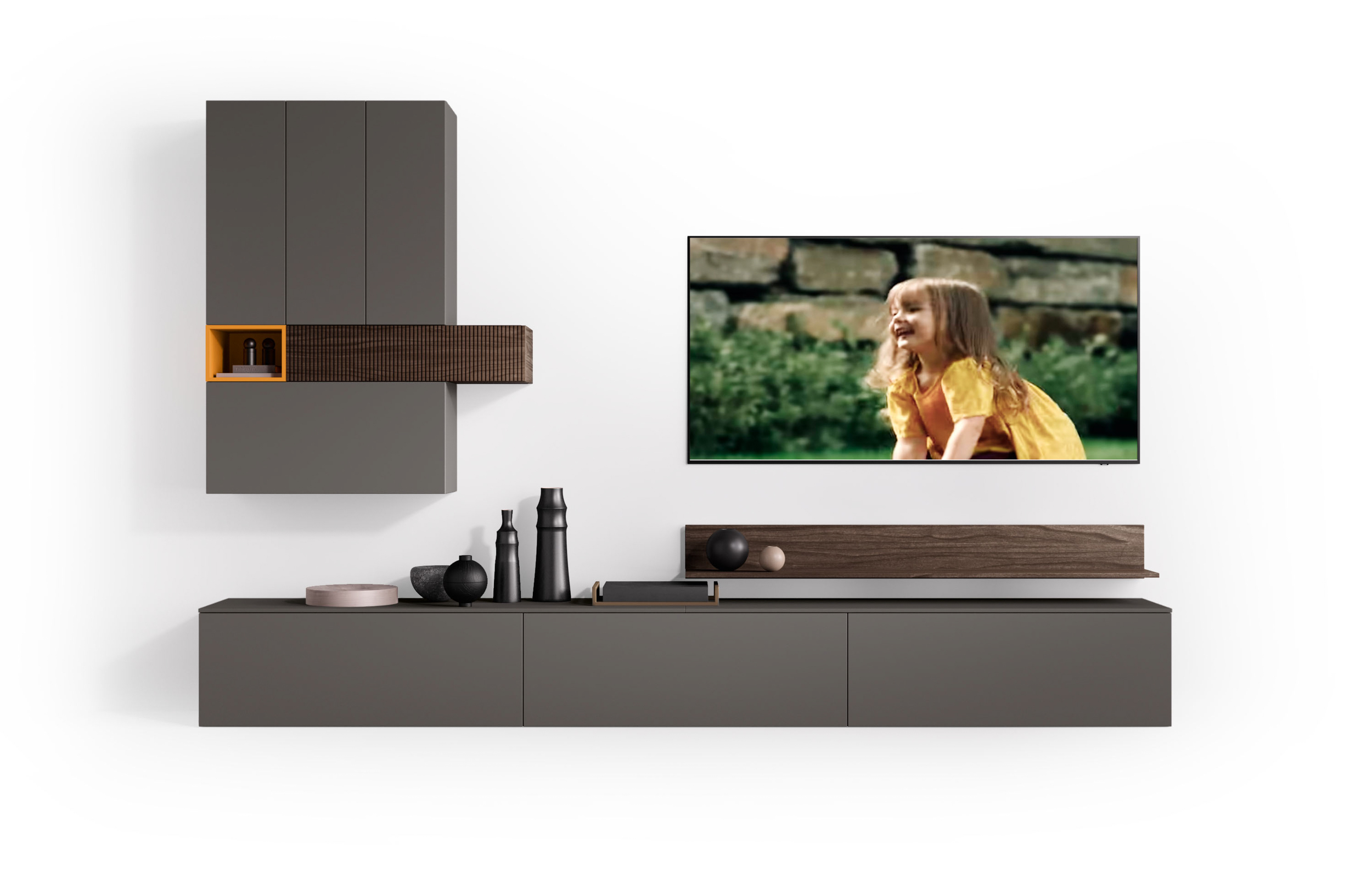 H2O 06/07 - H2O 06, <p>
	<br>
</p>

<p><strong>Pensile Laccato Cemento</strong></p>

<p>Wall unit in Cemento Lacquered finish</p>

<p>
	<br>
</p>

<p><strong>Pensile cassa Nobilitato Noce Brown<br>Anta Noce Brown Rigato</strong></p>

<p>
	<br>Wall unit in Brown Walnut effect Melamine
	<br>Brown Walnut Striped doors</p>

<p>
	<br>
</p>

<p><strong>Pensile a giorno Laccato Arancio Mandarino</strong></p>

<p>Open unit in Arancio Mandarino Lacquered finish</p>

<p>
	<br>
</p>

<p><strong>Mensola ad "L " Nobilitato Noce Brown</strong></p>

<p>"L" Shelf in Brown Walnut effect Melamine</p>

<p>
	<br>
</p>

<p><strong>Basi a terra con top Laccato Cemento</strong></p>

<p>Floor standing Base in Cemento Lacquered finish</p>

<p>
	<br>
</p>

<p>L.360 x H.236 x P.48,4 cm &nbsp; &nbsp;</p>

<p>
	<br>
</p>

<p>
	<br>
</p>

<p>&nbsp; &nbsp;&nbsp;</p>
