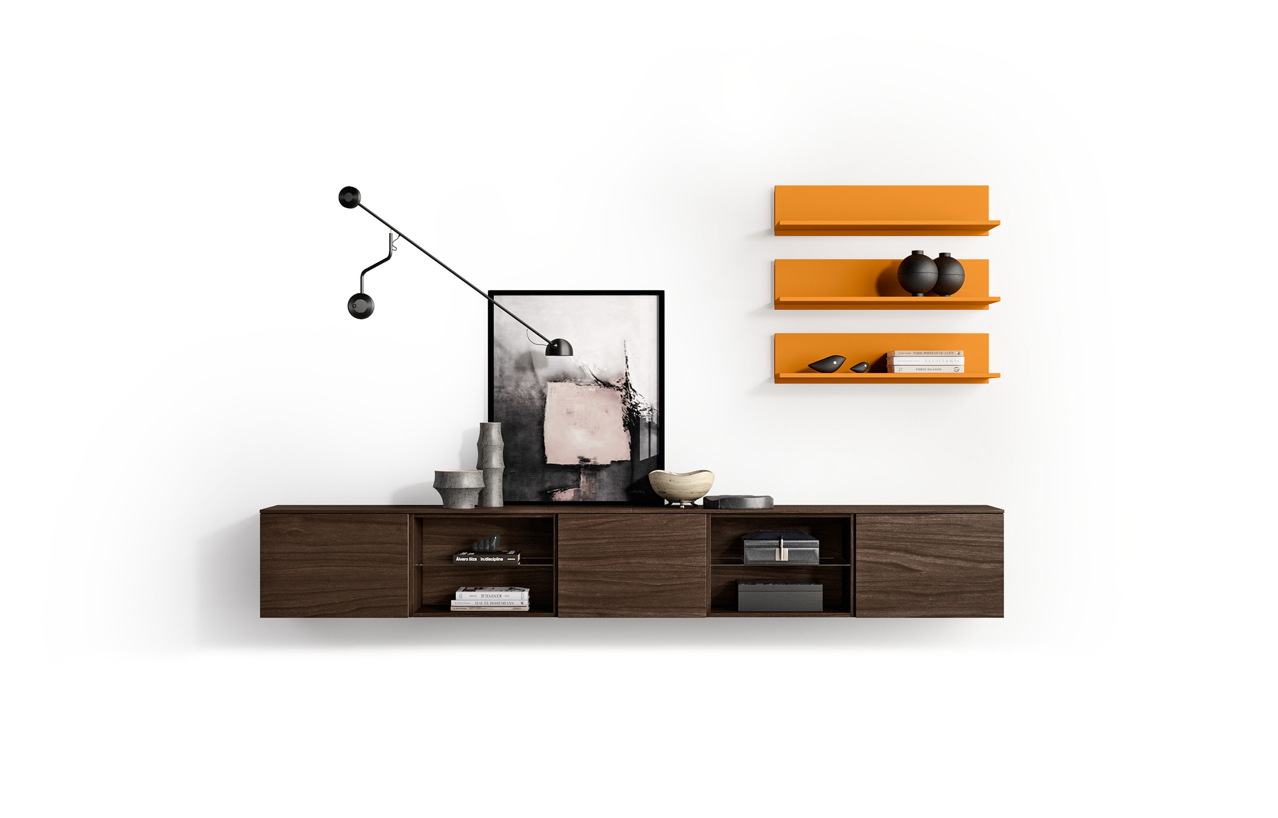 H2O 06/07 - H2O 07, <p>
	<br>
</p>

<p><strong>Basi sospese con top Nobilitato Noce Brown</strong></p>

<p>Suspended bases in Brown Walnut effect Melamine</p>&nbsp; &nbsp; &nbsp; &nbsp; &nbsp; &nbsp; &nbsp; &nbsp; &nbsp; &nbsp;

<p><strong>Basi sospese a giorno con top Nobilitato Noce Brown</strong></p>

<p>Suspended open bases in Brown Walnut effect Melamine</p>

<p>
	<br>
</p>

<p><strong>Mensole ad "L" Laccato Arancio Mandarino</strong></p>

<p>"L" Shelf in Arancio Mandarino Lacquered finish &nbsp; &nbsp; &nbsp; &nbsp; &nbsp; &nbsp; &nbsp; &nbsp; &nbsp;&nbsp;</p>

<p>
	<br>
</p>

<p>L.300 x H.192 x P.48,4 cm</p>

<p>
	<br>
</p>
