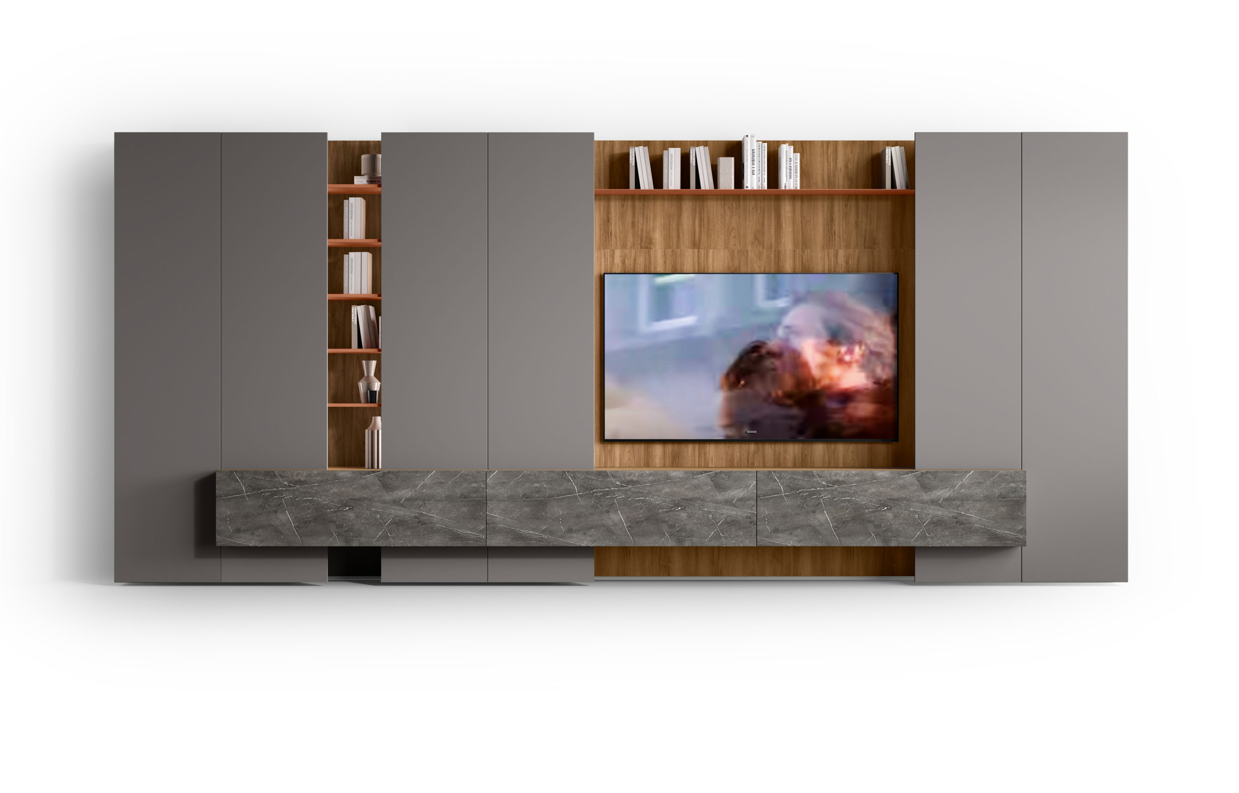 H2O 14/15 - H2O 14, <p><strong>Boiserie Wall Nobilitato Noce Cognac</strong>
	<br>"Wall" paneling in Cognac Walnut effect Melamine</p>

<p><strong>Mensola Laccato Cannella</strong>
	<br>Cannella Lacquered finish shelf</p>

<p><strong>Colonna Totem cassa Nobilitato Noce Cogn Ante Laccato Cemento</strong>
	<br>"Totem" column in Cognac Walnut effect Melamine
	<br>Cemento Lacquered finish doors</p>

<p><strong>Colonna Totem cassa nobilitato Noce Cogn<br>Ante Debordanti Laccato Cemento</strong>
	<br>"Totem" column in Cognac Walnut effect Melamine
	<br>Cemento Lacquered finish protruding doors &nbsp;</p>

<p><strong>Boiserie Wall Noce Cognac Mensole Laccato Cannella</strong>
	<br>"Wall" paneling in Cognac Walnut effect Melamine Cannella Lacquered finish shelves</p>

<p><strong>Basi sospese con top a filo nobilitato Noce Cognac<br>Frontali Nobilitato Stone Grey Caspio Dark</strong>
	<br>Suspended bases with flush top in Cognac Walnut finish
	<br>Stone Grey Caspio Dark effect Melamine fronts &nbsp; &nbsp; &nbsp; &nbsp; &nbsp; &nbsp; &nbsp; &nbsp; &nbsp; &nbsp; &nbsp; &nbsp; </p>

<p>&nbsp; &nbsp;</p>
