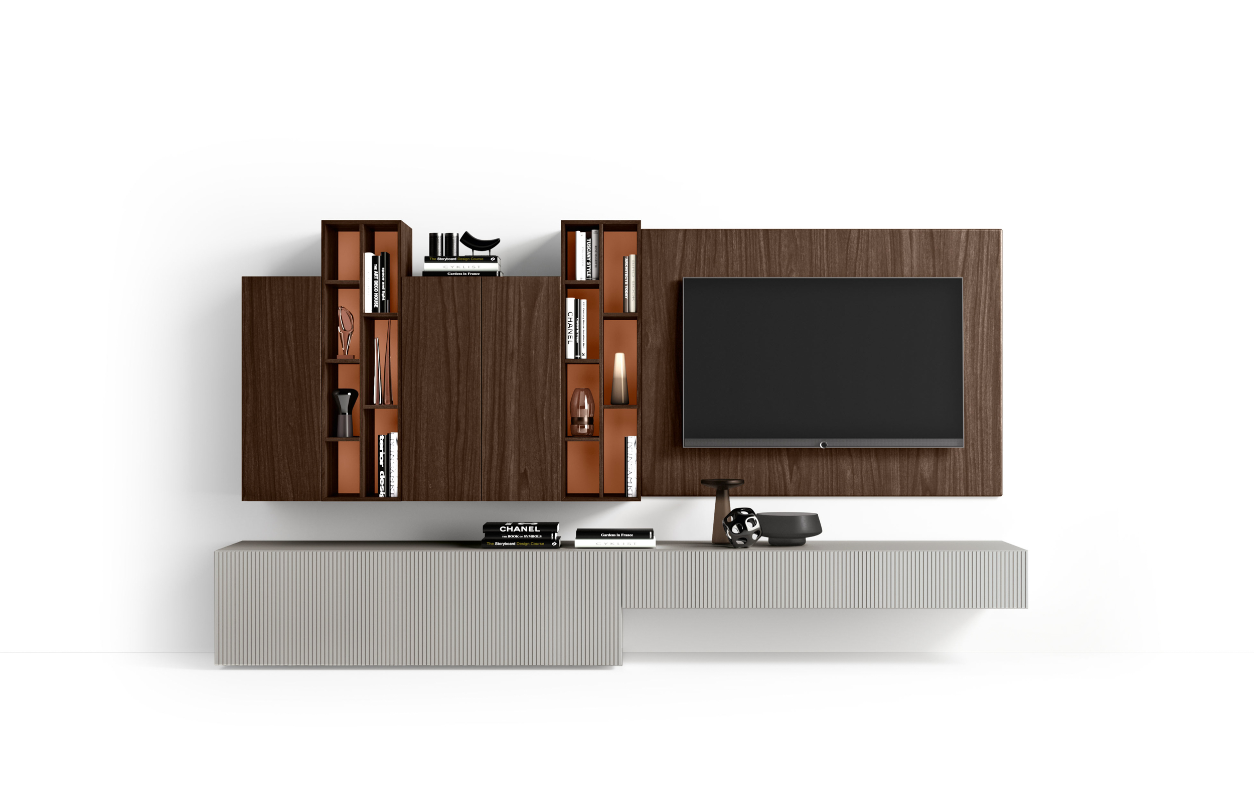 H2O 10 - H2O 10, <p>
	<br>
</p>

<p><strong>Boiserie TV Nobilitato Noce Brown</strong></p>

<p>TV paneling in Brown Walnut effect Melamine</p>

<p>
	<br>
</p>

<p><strong>Pensili Nobilitato Noce Brown</strong></p>

<p>Wall Units in Brown Walnut effect Melamine</p>

<p>
	<br>
</p>

<p><strong>Pensile verticale Sunder Nobilitato Noce Brown<br>Schiena Laccata Cannella</strong></p>

<p>"Sunder" vertical Wall Unit in Brown Walnut effect Melamine
	<br>Cannella Lacquered back</p>

<p>
	<br>
</p>

<p><strong>Base a terra Nobilitato Grigio Fumo</strong>
	<br><strong>Frontale Rigato Laccato Grigio Fumo</strong></p>

<p>Floor standing base in Smoke Grey colour Melamine
	<br>Striped Smoke Grey colour Lacquered front &nbsp; &nbsp; &nbsp; &nbsp; &nbsp; &nbsp; &nbsp; &nbsp;</p>

<p>
	<br>
</p>

<p><strong>Base sospesa Nobilitato Grigio Fumo<br>Frontale Rigato Laccato Grigio Fumo</strong></p>

<p>Suspended base in Smoke Grey colour Melamine
	<br>Striped Smoke Grey colour Lacquered front</p>

<p>&nbsp; &nbsp; &nbsp; &nbsp; &nbsp; &nbsp; &nbsp; &nbsp; &nbsp; &nbsp;</p>

<p>L.300 x H.167 x P.48,4 cm</p>

<p>&nbsp; &nbsp; &nbsp; &nbsp; &nbsp; &nbsp; &nbsp; &nbsp; &nbsp; &nbsp; &nbsp; &nbsp; &nbsp; &nbsp; &nbsp; &nbsp; &nbsp; &nbsp;</p>

<p>
	<br>
</p>

<p>&nbsp; &nbsp;&nbsp;</p>
