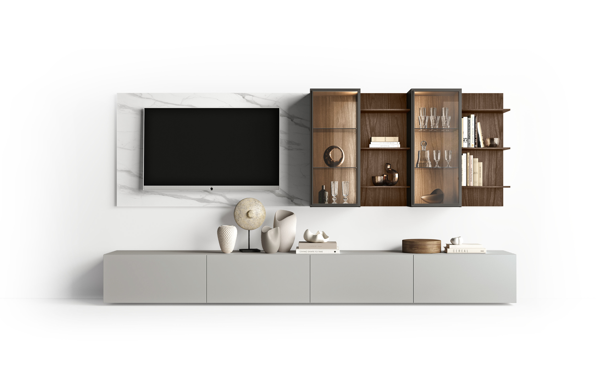 H2O 01 - H2O 01, <p>
	<br>
</p>

<p><strong>Pensili cassa Nobilitato Noce Brown</strong>
	<br><strong>Anta Ghost Vetro Fumè</strong></p>

<p>Wall unit in Brown Walnut effect melamine
	<br>w/Smoke effect "Ghost" glass door</p>

<p>
	<br>
</p>

<p><strong>Boiseriè Wall con mensole Nobilitato Noce Brown</strong></p>

<p>Boiseriè Wall with Brown Walnut effect Melamine shelves</p>

<p>&nbsp; &nbsp; &nbsp; &nbsp; &nbsp; &nbsp; &nbsp; &nbsp; &nbsp; &nbsp;</p>

<p><strong>Basi a terra con top a filo Nobilitato Grigio Fumo</strong></p>

<p>Floor-standing bases with flush top in Smoke Grey colour Melamine</p>

<p>&nbsp; &nbsp; &nbsp; &nbsp; &nbsp; &nbsp; &nbsp; &nbsp; &nbsp; &nbsp;</p>

<p><strong>Boiserie TV Nobilitato Marmo Carrara</strong></p>

<p>TV Paneling in Carrara Marble effect Melamine</p>

<p>
	<br>
</p>

<p>L.360 x H.185 x P.48,4 cm</p>

<p>&nbsp; &nbsp; &nbsp; &nbsp; &nbsp; &nbsp; &nbsp; &nbsp; &nbsp; &nbsp;</p>

<p>
	<br>
</p>

<p>&nbsp; &nbsp; &nbsp; &nbsp; &nbsp; &nbsp; &nbsp; &nbsp; &nbsp; &nbsp; &nbsp; &nbsp; &nbsp; &nbsp; &nbsp; &nbsp; &nbsp; &nbsp;</p>

<p>
	<br>
</p>

<p>&nbsp; &nbsp;&nbsp;</p>
